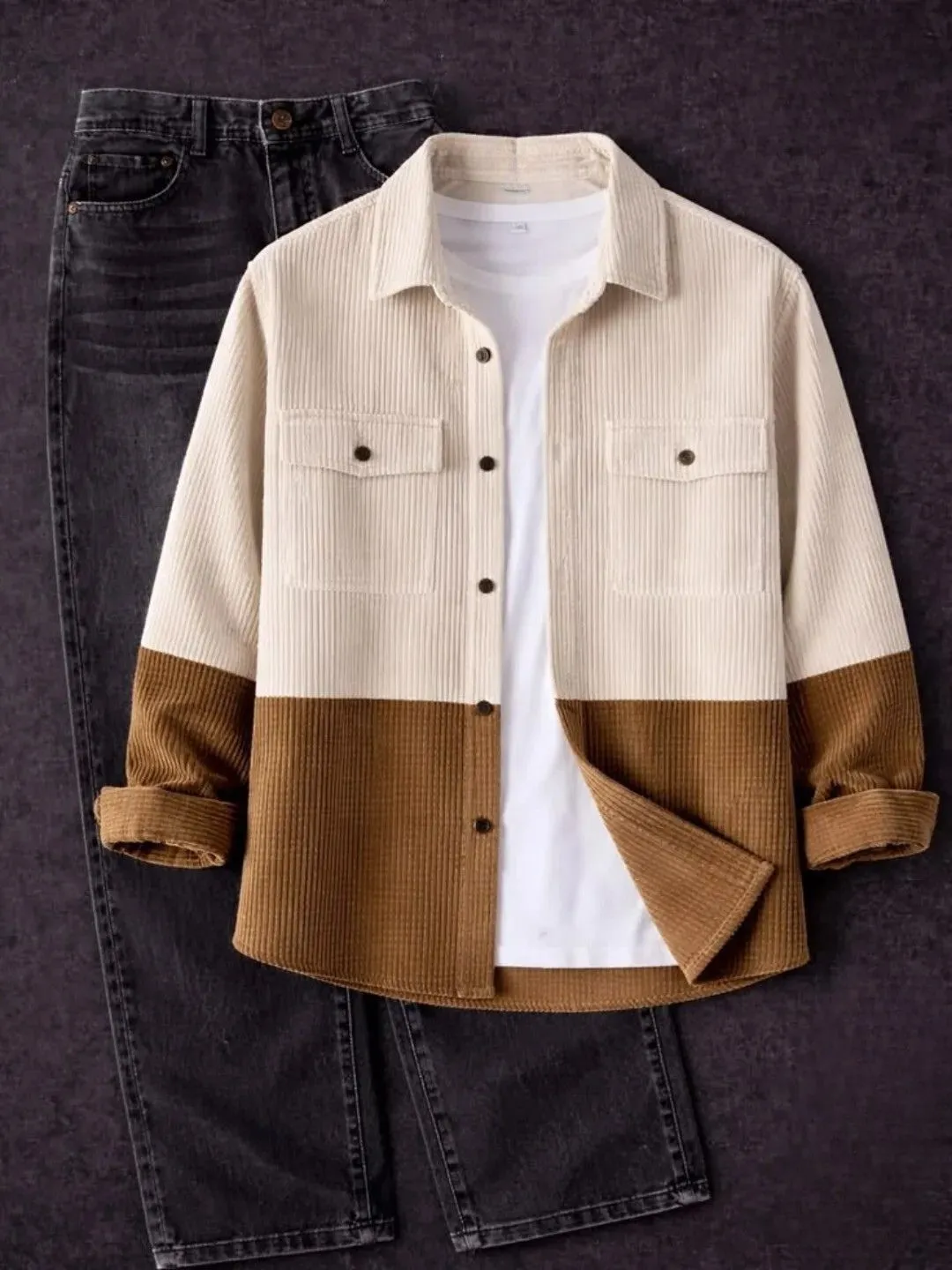 Olive and Cream Corduroy Overshirt with Black Denim Jeans Ensemble - Image 2