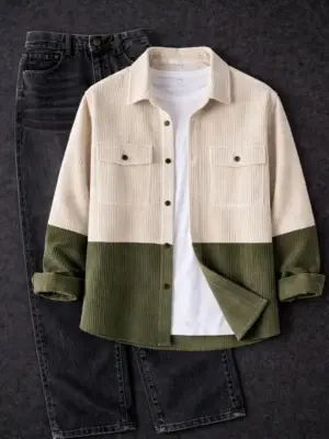 Olive and Cream Corduroy Overshirt with Black Denim Jeans Ensemble