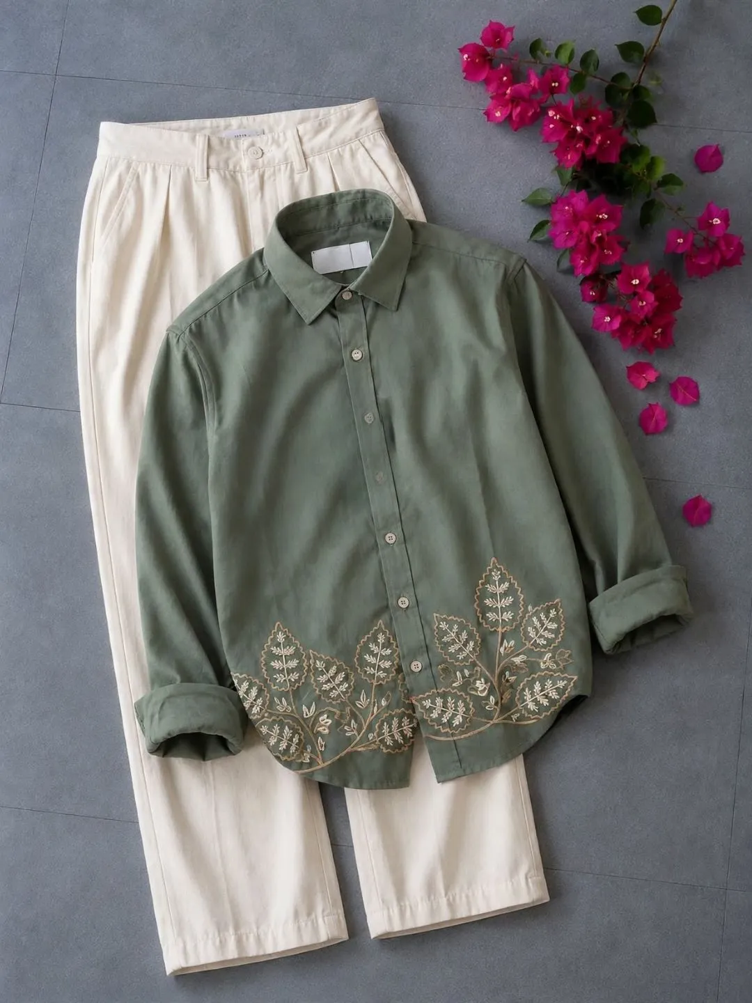 Maroon Leaf-Embroidered Shirt and White Trouser Outfit Set - Image 3