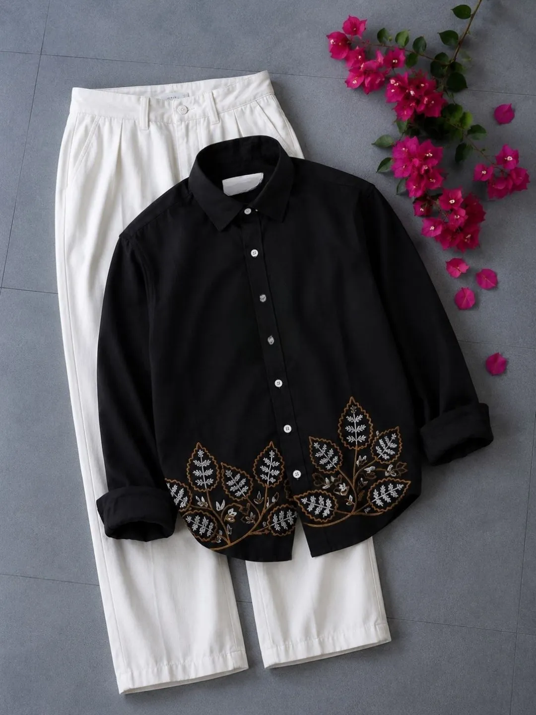 Maroon Leaf-Embroidered Shirt and White Trouser Outfit Set - Image 4