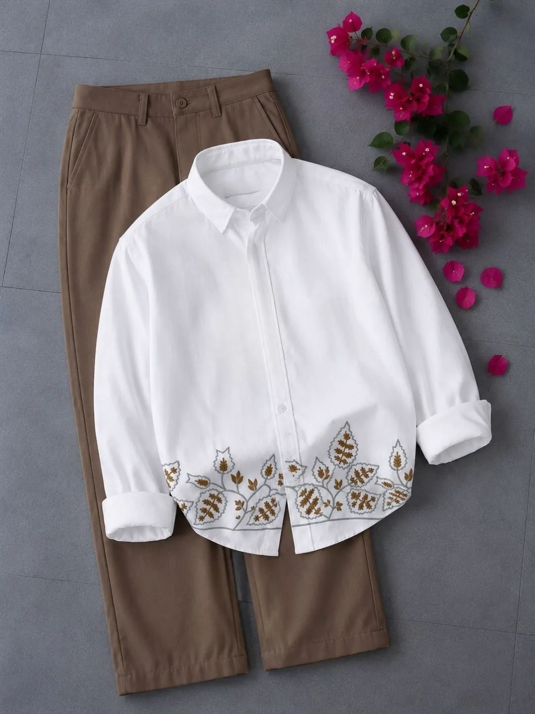 Maroon Leaf-Embroidered Shirt and White Trouser Outfit Set - Image 2