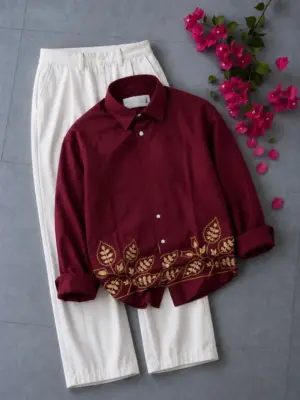 Maroon Leaf-Embroidered Shirt and White Trouser Outfit Set