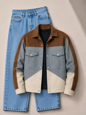 Color-Blocked Suede Jacket and Light Blue Denim Jean Combo