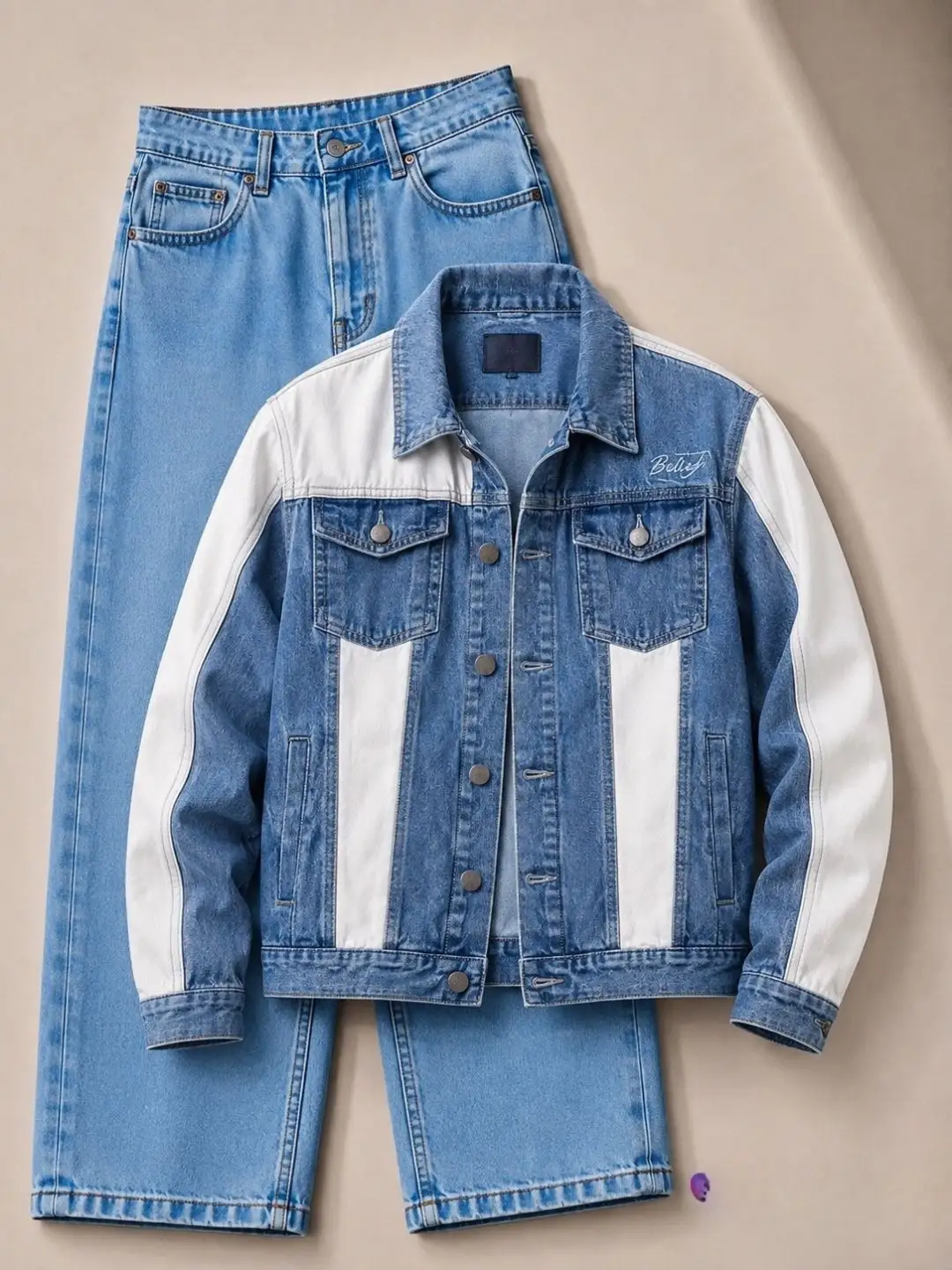 Color-Blocked Suede Jacket and Light Blue Denim Jean Combo - Image 2