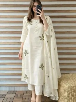 Ivory Leaf-Motif Embroidered Kurta Set with Matching Dupatta