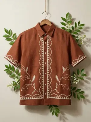 Terracotta Geometric and Leaf Embroidered Short-Sleeve Casual Shirt