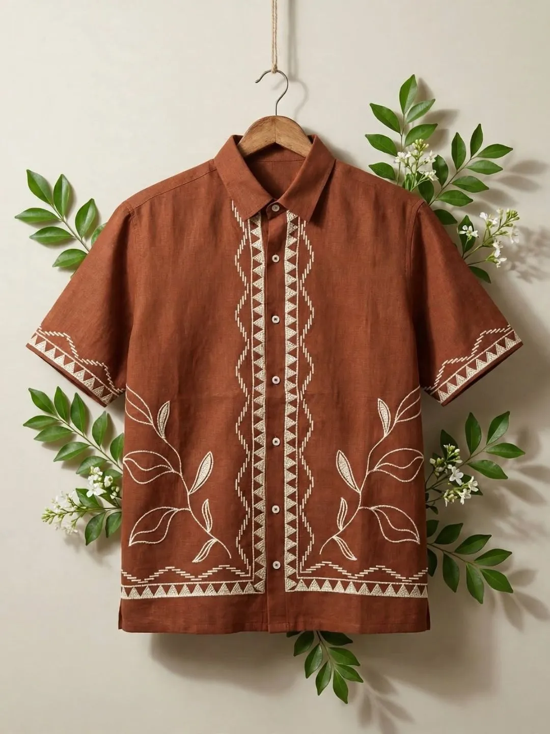 Terracotta Geometric and Leaf Embroidered Short-Sleeve Casual Shirt