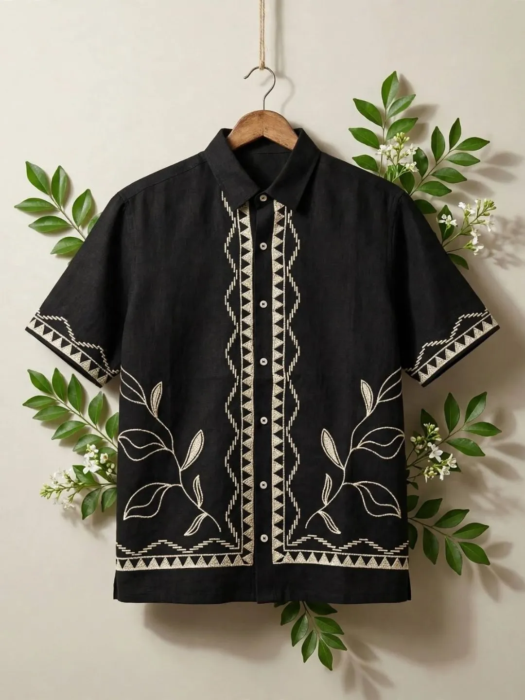 Terracotta Geometric and Leaf Embroidered Short-Sleeve Casual Shirt - Image 4