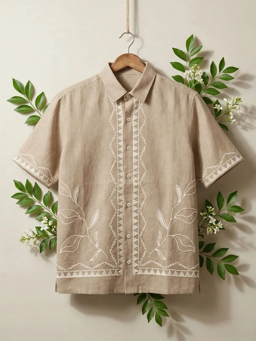 Terracotta Geometric and Leaf Embroidered Short-Sleeve Casual Shirt - Image 3
