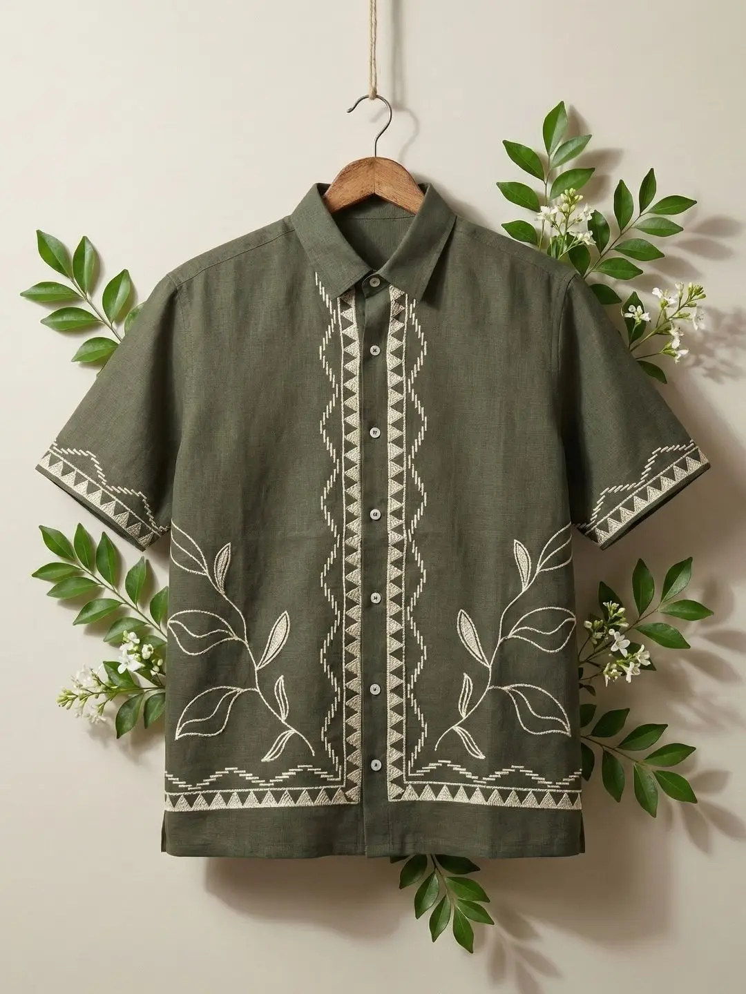 Terracotta Geometric and Leaf Embroidered Short-Sleeve Casual Shirt - Image 2