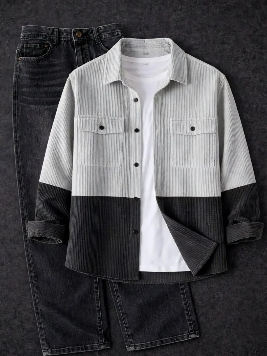 Olive and Cream Corduroy Overshirt with Black Denim Jeans Ensemble - Image 3