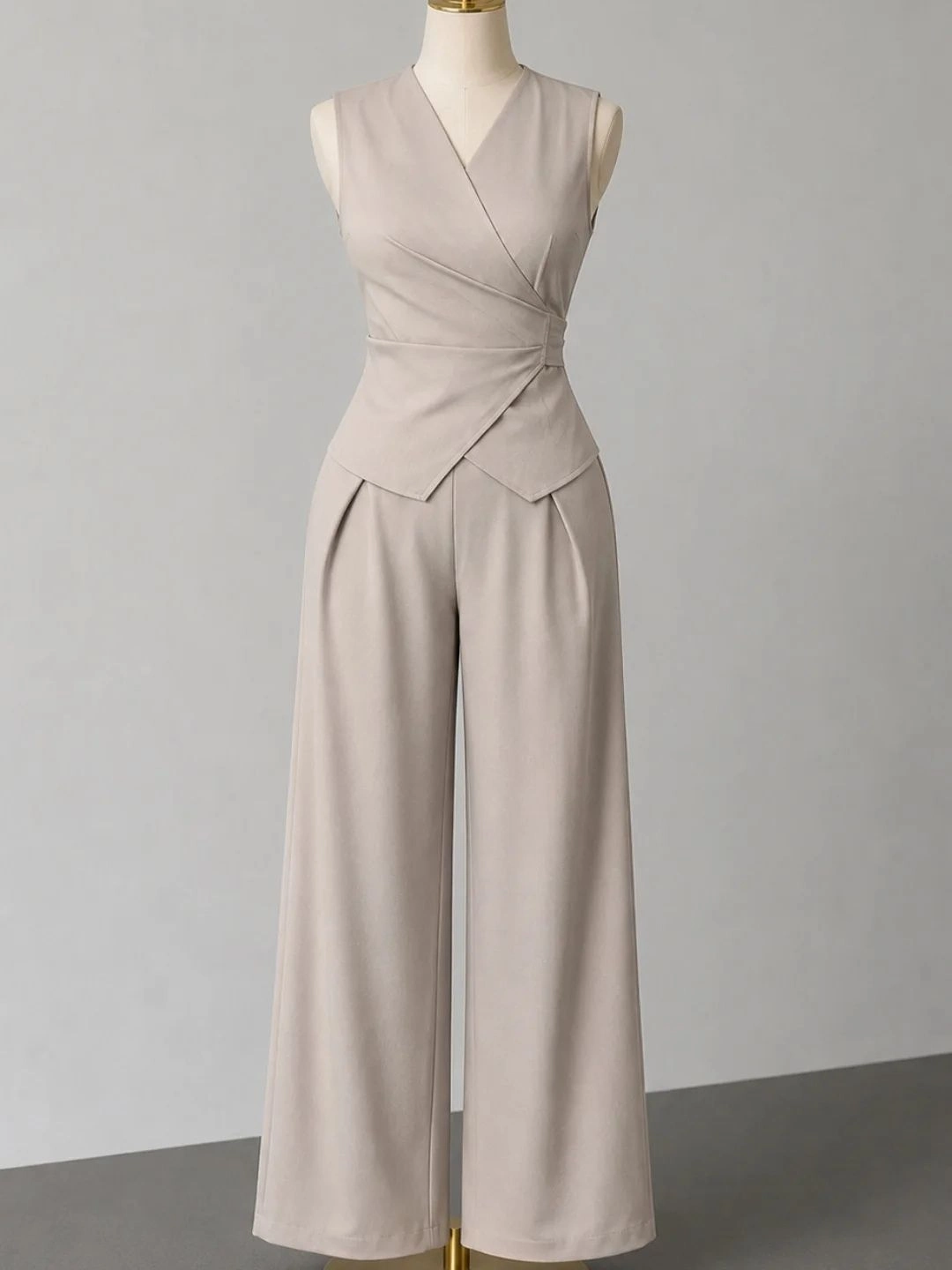 Chocolate Brown Sleeveless Peplum Top and Wide-Leg Trouser Co-Ord Set - Image 2
