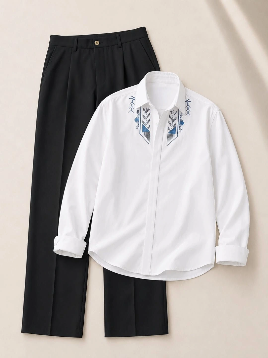 Maroon Yoke Embroidered Shirt and Grey Tailored Trouser Co-Ord Set - Image 3