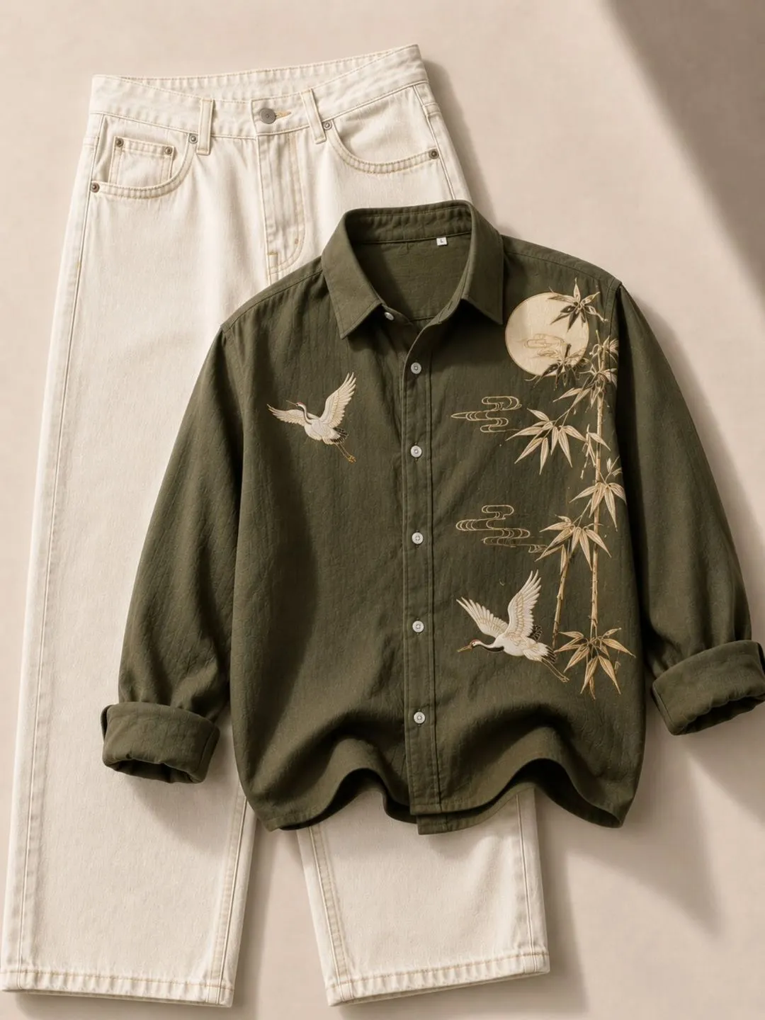 Olive Crane and Bamboo Embroidered Long-Sleeve Shirt with Off-White Trouser Ensemble