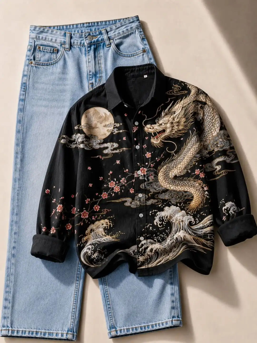 Olive Crane and Bamboo Embroidered Long-Sleeve Shirt with Off-White Trouser Ensemble - Image 4