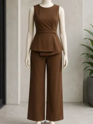 Chocolate Brown Sleeveless Peplum Top and Wide-Leg Trouser Co-Ord Set