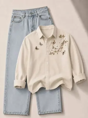 Ivory Floral and Butterfly Embroidered Button-Down Shirt with Light Blue Denim Set