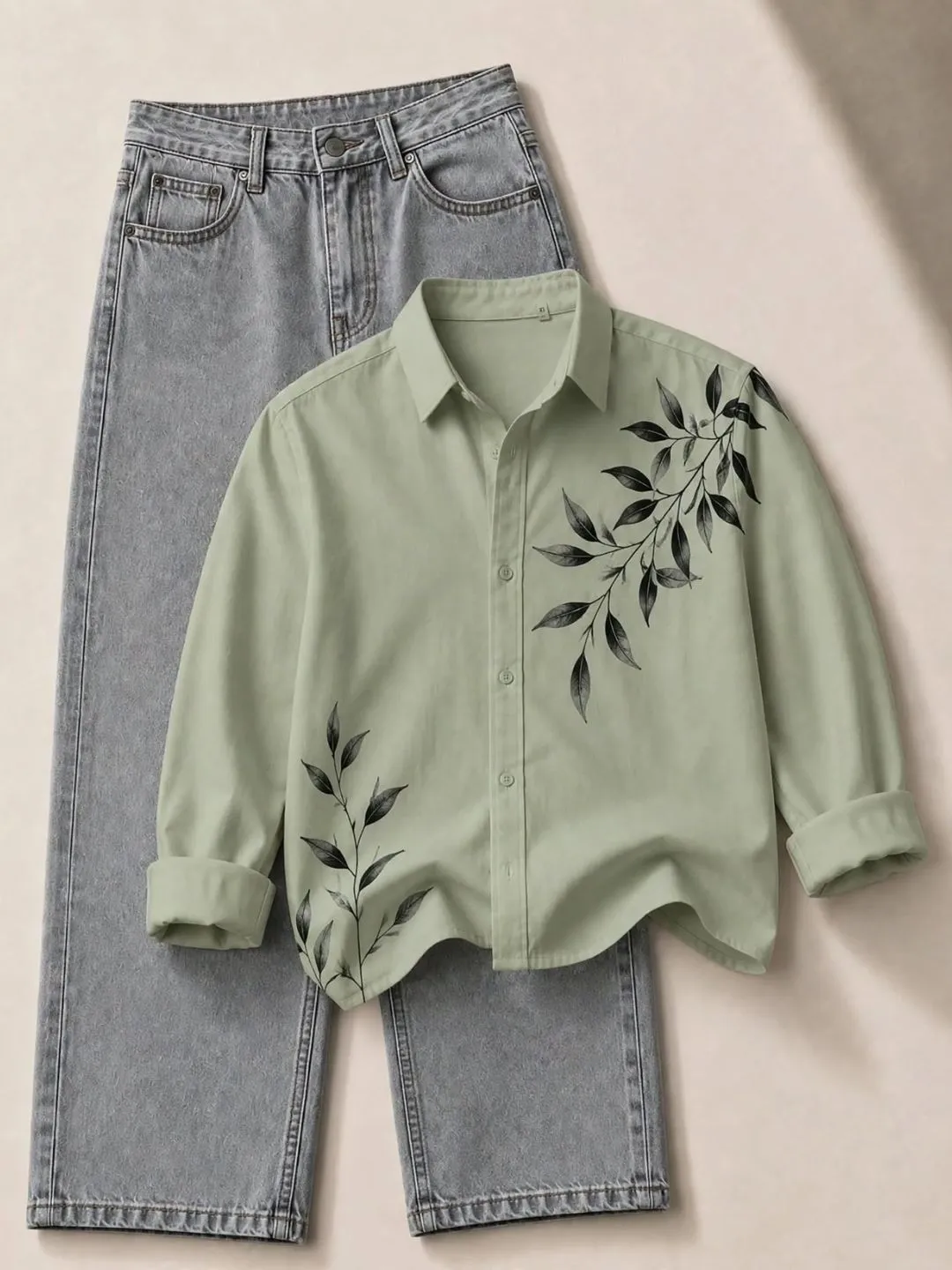 Ivory Floral and Butterfly Embroidered Button-Down Shirt with Light Blue Denim Set - Image 2
