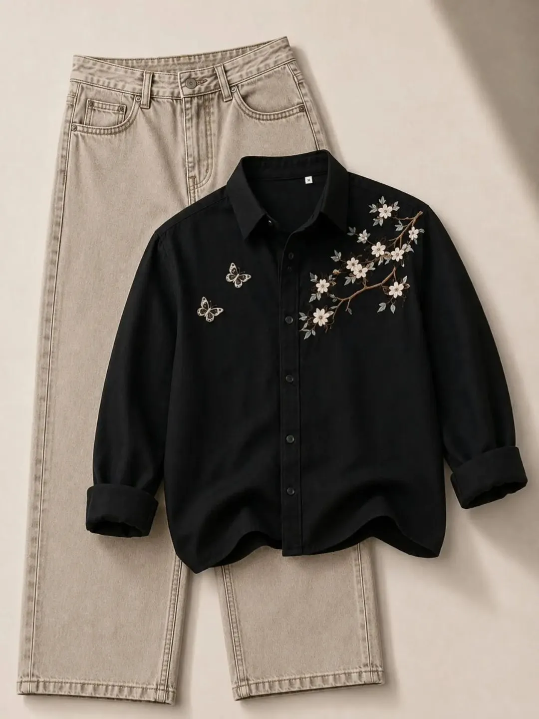 Ivory Floral and Butterfly Embroidered Button-Down Shirt with Light Blue Denim Set - Image 3