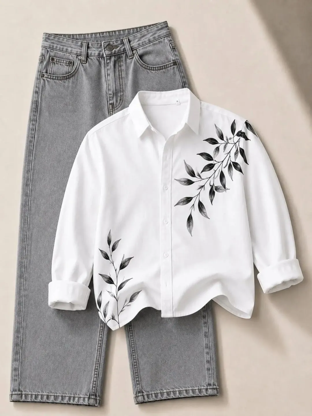 Ivory Floral and Butterfly Embroidered Button-Down Shirt with Light Blue Denim Set - Image 4