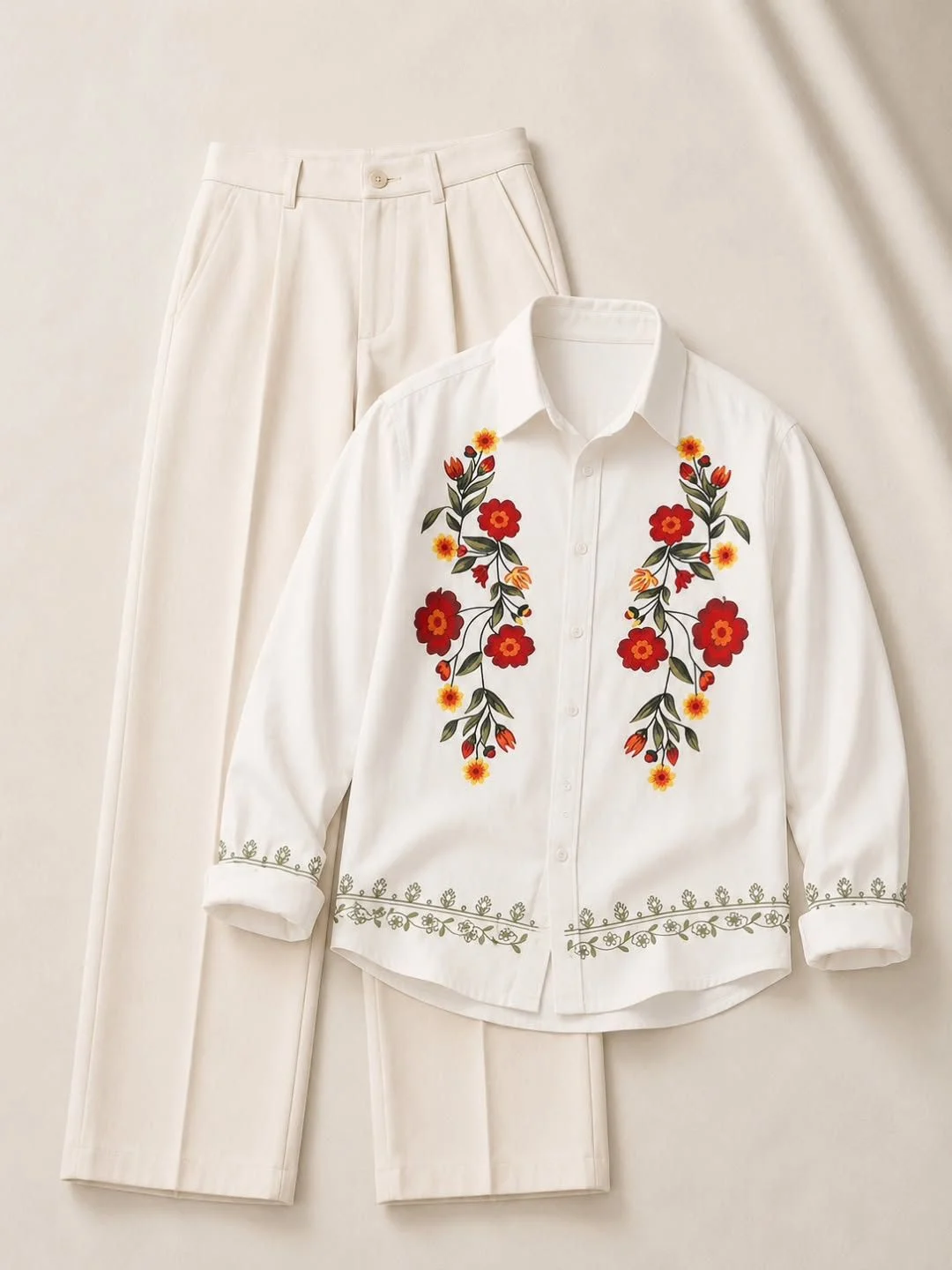 Maroon Yoke Embroidered Shirt and Grey Tailored Trouser Co-Ord Set - Image 4