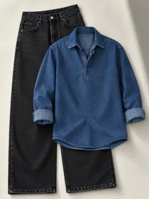 Indigo Denim Pullover Shirt and Charcoal Black Pant Set