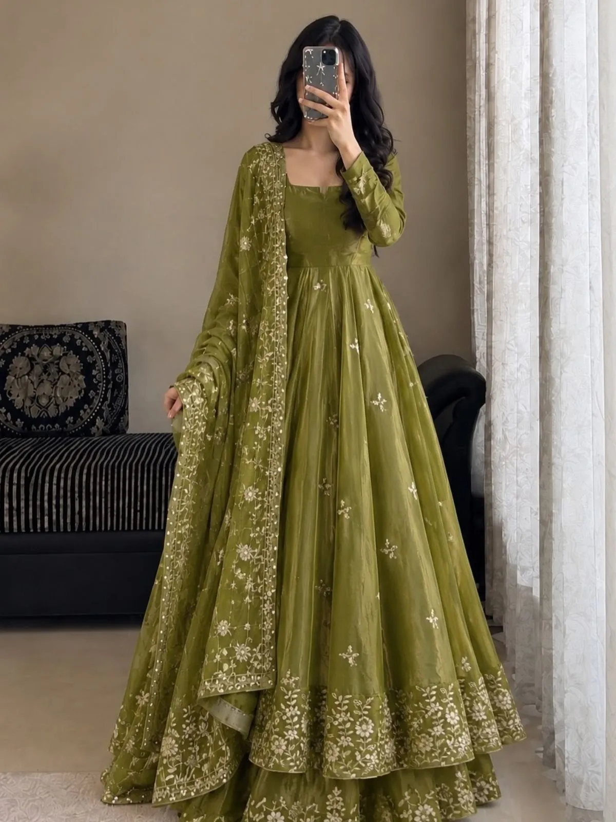 Slate Blue Anarkali Suit with Embroidered Dupatta Set - Image 3