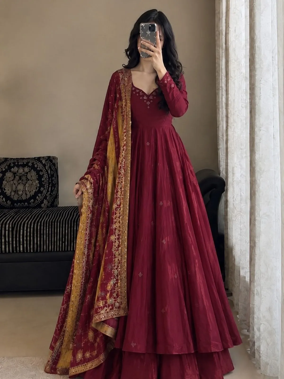 Slate Blue Anarkali Suit with Embroidered Dupatta Set - Image 4