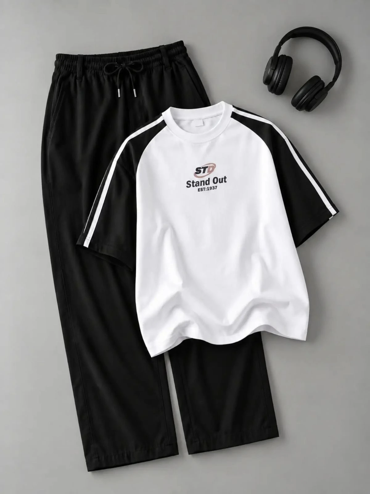 Brown Acid-Wash Graphic Tee and White Drawstring Trouser Set - Image 3