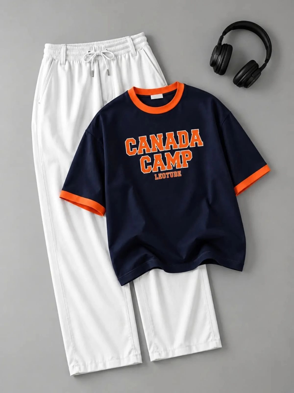 Brown Acid-Wash Graphic Tee and White Drawstring Trouser Set - Image 4