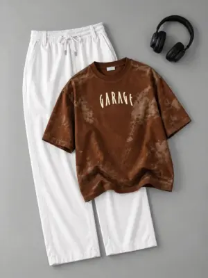 Brown Acid-Wash Graphic Tee and White Drawstring Trouser Set