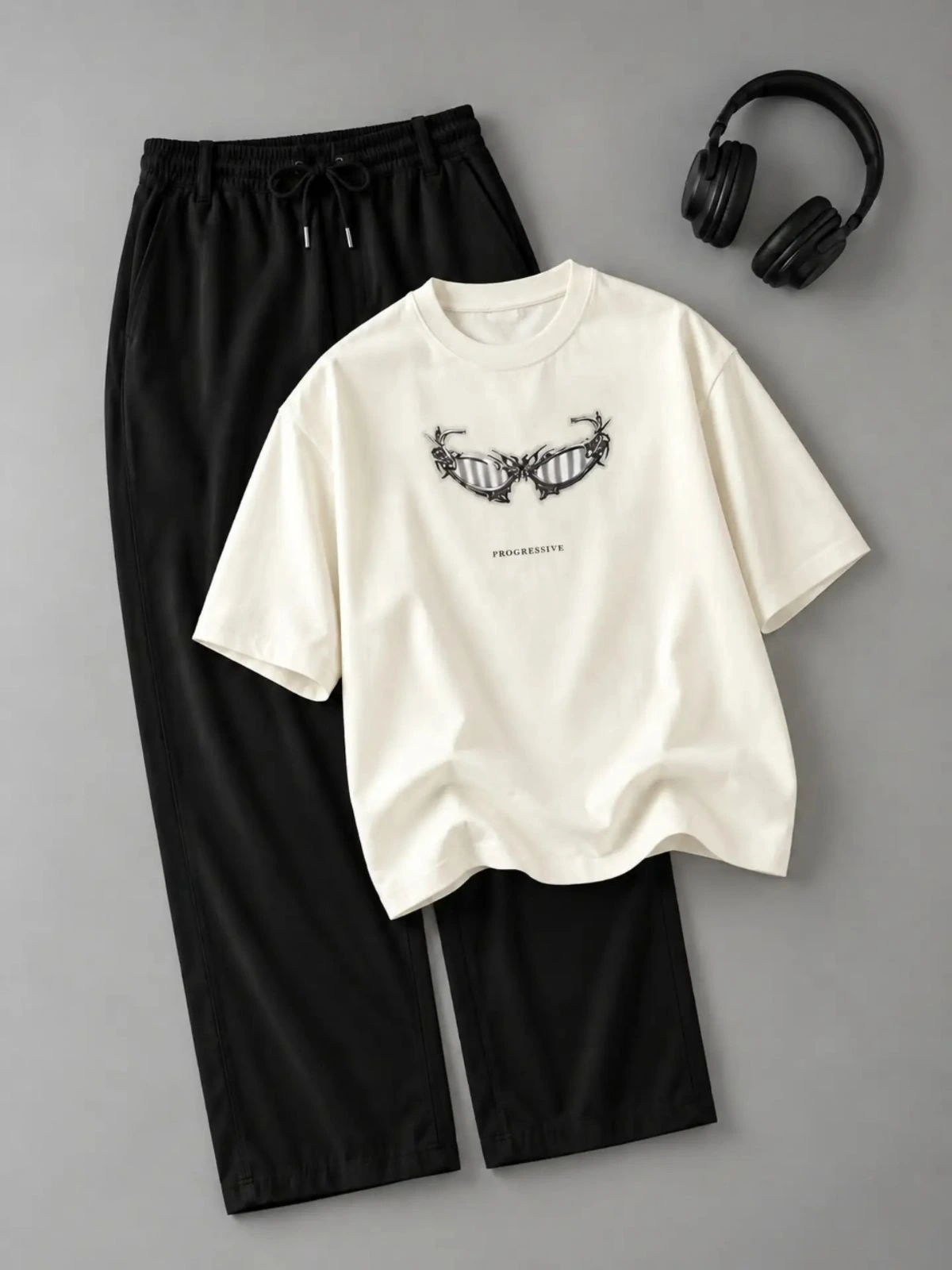 Brown Acid-Wash Graphic Tee and White Drawstring Trouser Set - Image 2