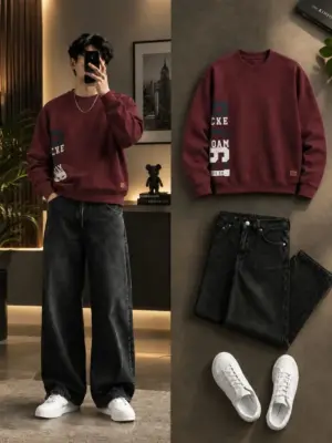 Maroon Graphic Pullover Sweatshirt and Dark Grey Wide-Leg Denim Set