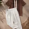 Striped Polo Knit Shirt and Tailored White Trouser Combo