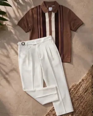 Striped Polo Knit Shirt and Tailored White Trouser Combo