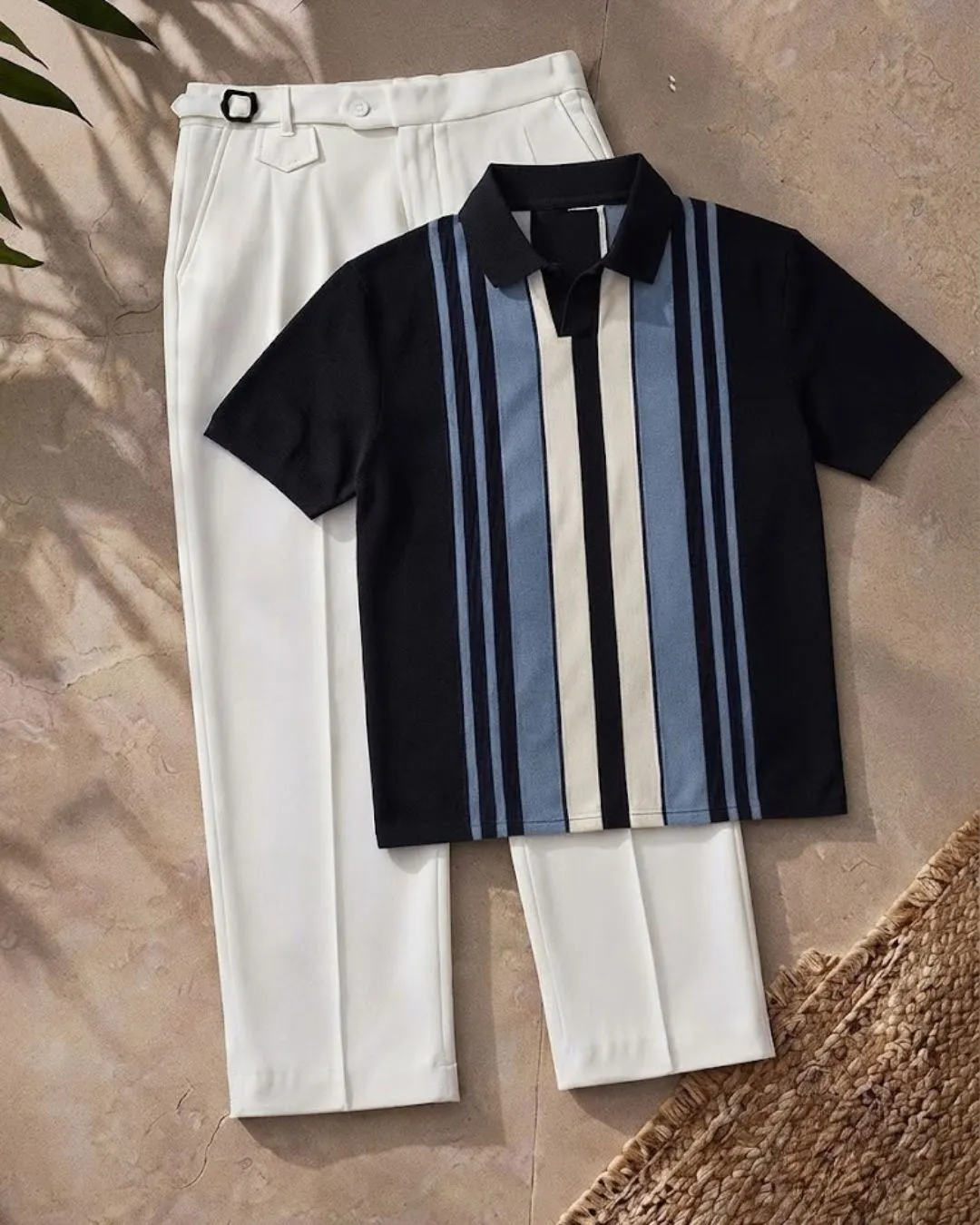 Striped Polo Knit Shirt and Tailored White Trouser Combo - Image 2