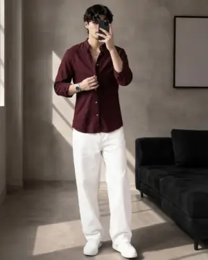 Mandarin Collar Solid Linen Shirt and White Trousers Co-Ord