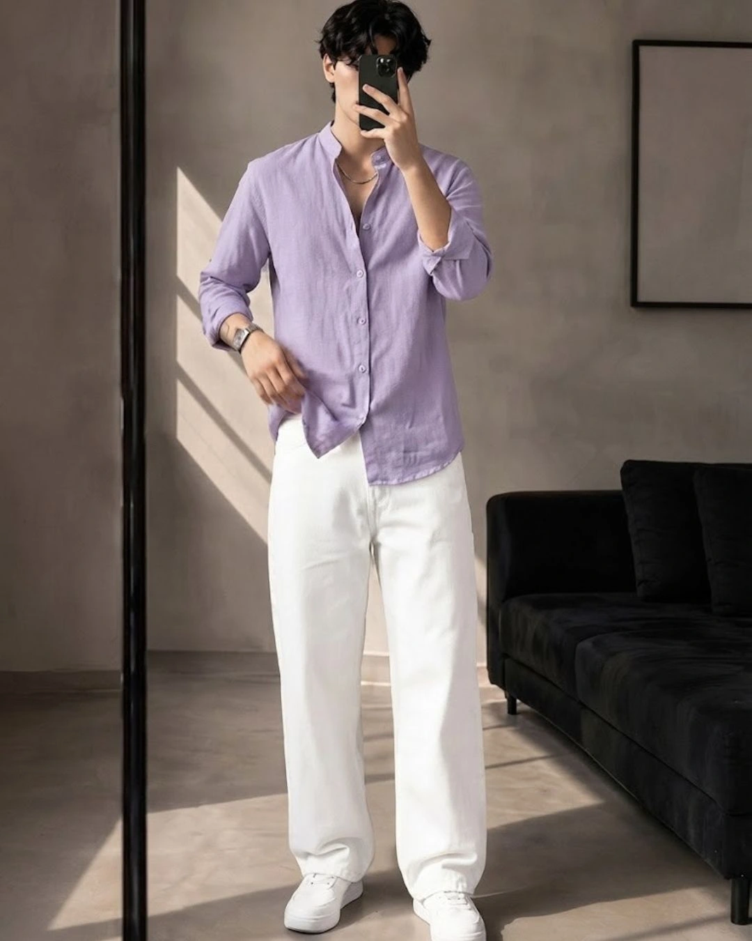 Mandarin Collar Solid Linen Shirt and White Trousers Co-Ord - Image 2