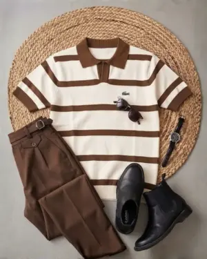 Horizontal Striped Knit Polo and Tailored Trouser Outfit Set