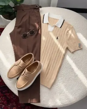 Contrast Collar Ribbed Knit Polo and Trouser Co-Ord