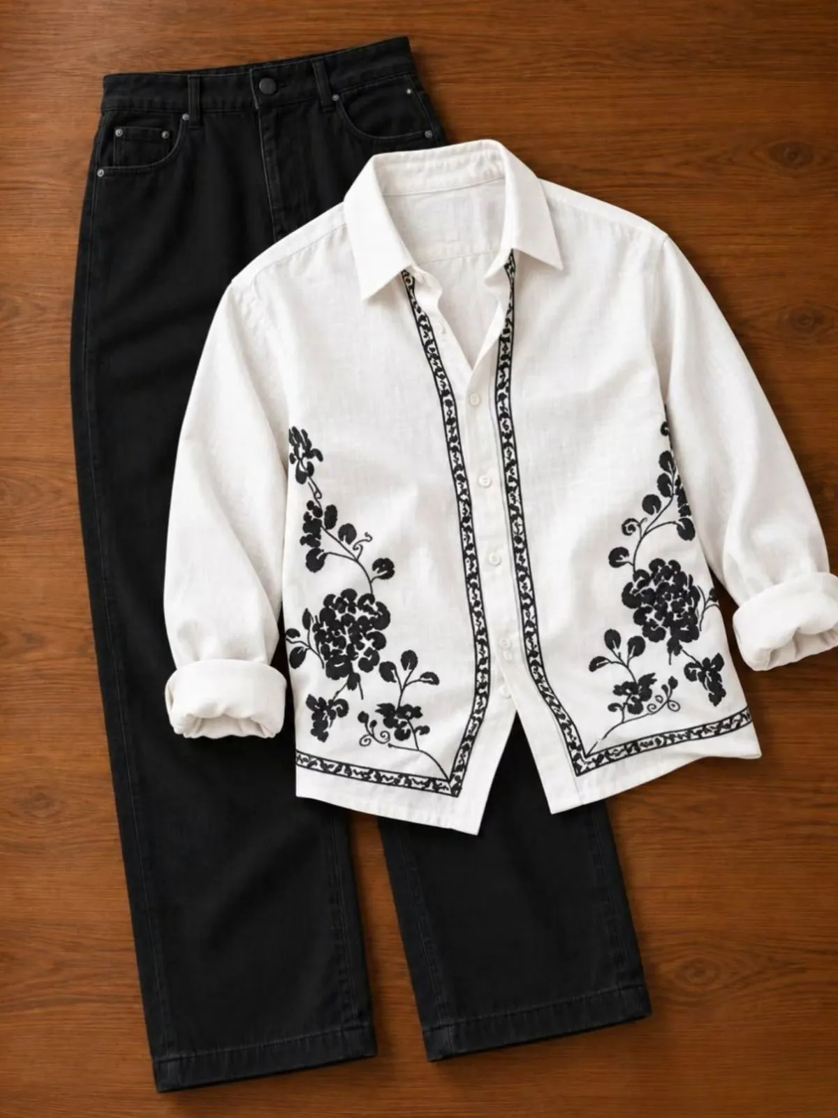 Off-White Line-Art Botanical Shirt and Pure White Denim Set - Image 3
