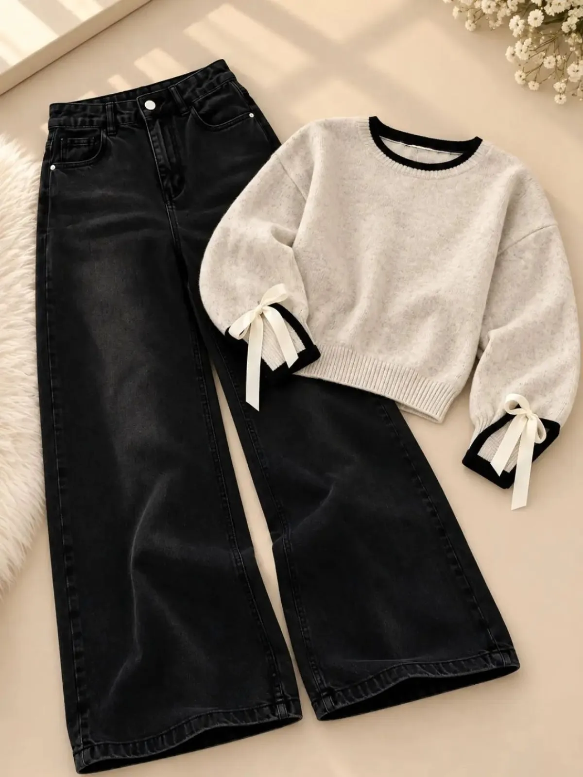 Striped Lace-Up Knit Top and Charcoal Wide-Leg Denim Set - Image 4
