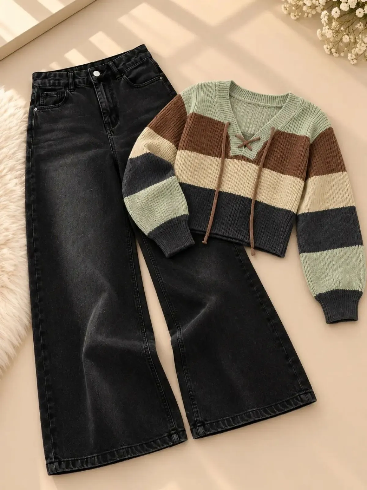 Striped Lace-Up Knit Top and Charcoal Wide-Leg Denim Set