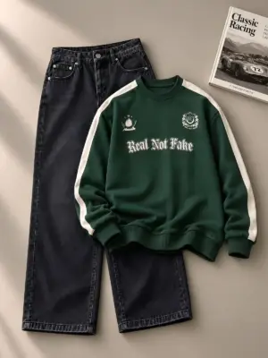 Emerald Green Typography Sweatshirt and Dark Washed Jeans Set