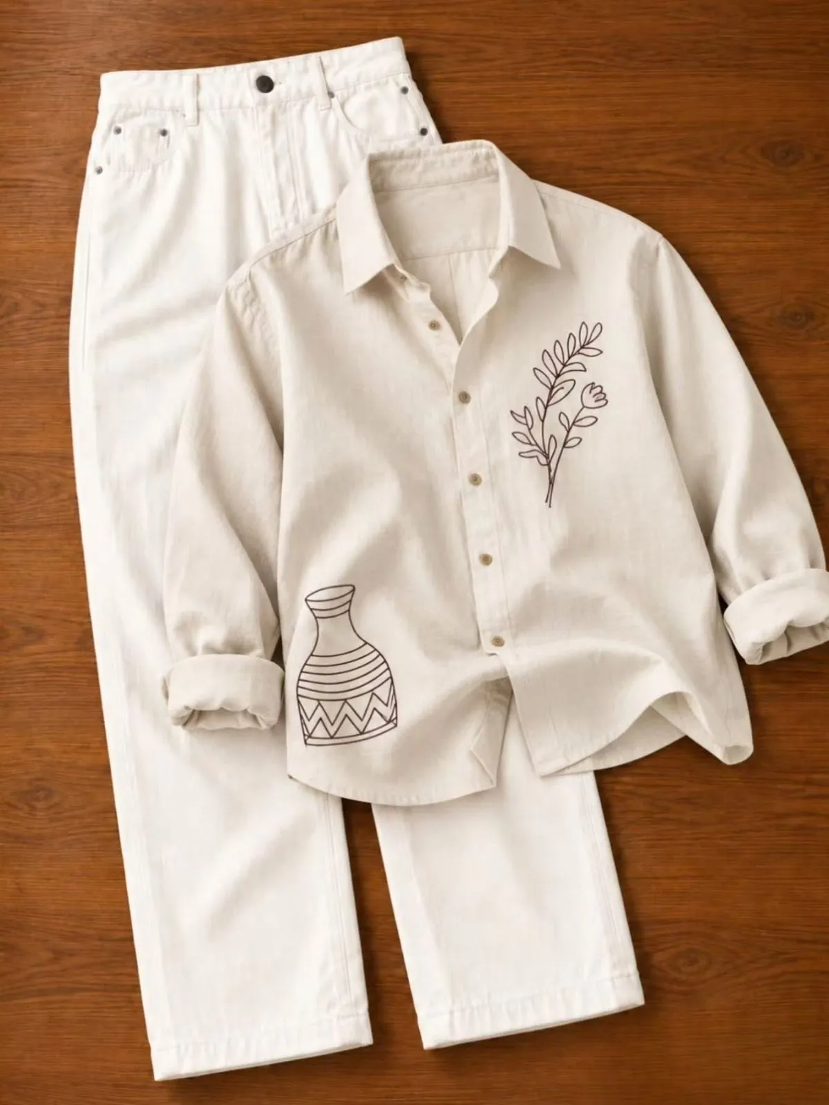 Off-White Line-Art Botanical Shirt and Pure White Denim Set