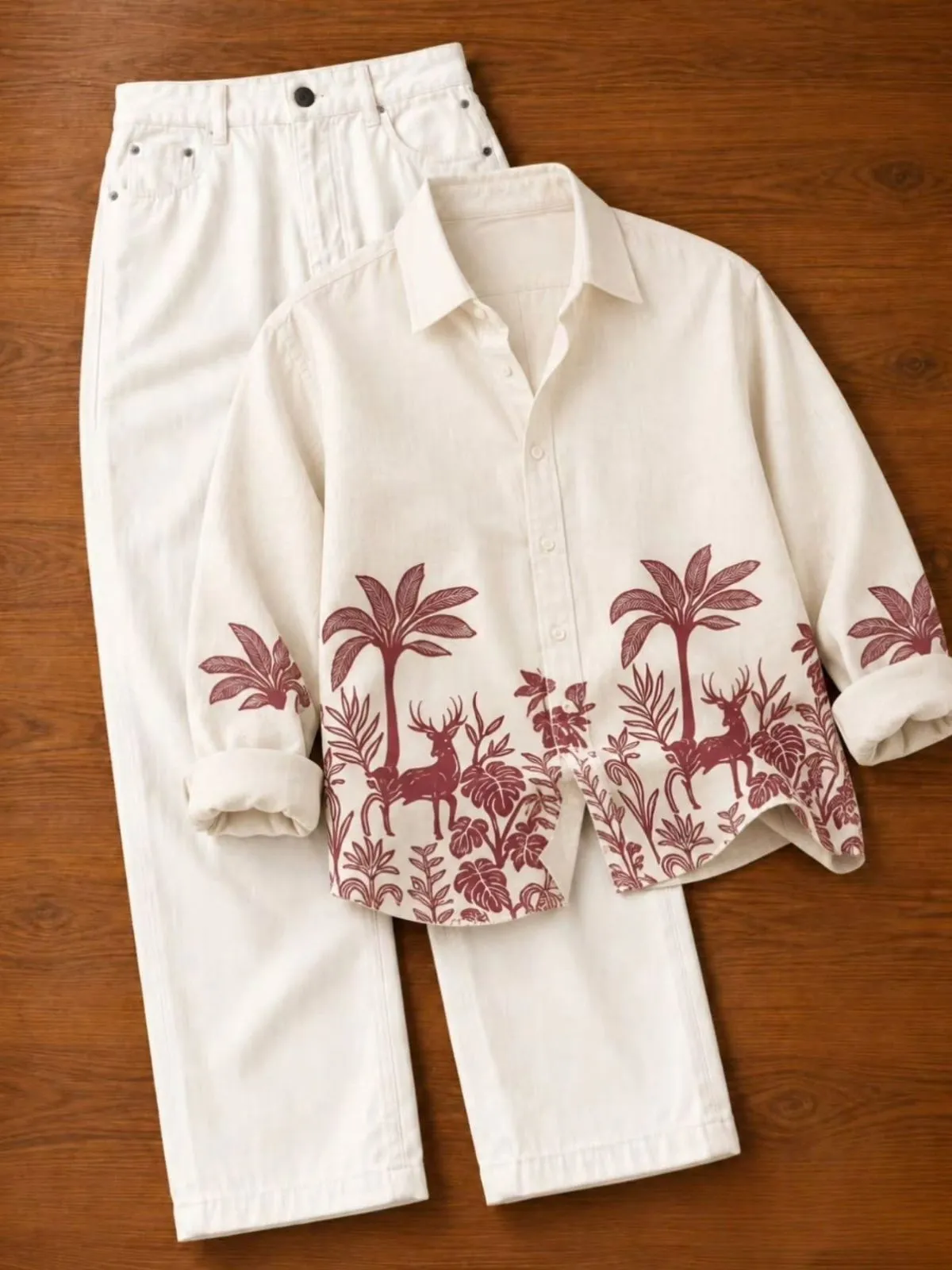 Off-White Line-Art Botanical Shirt and Pure White Denim Set - Image 4