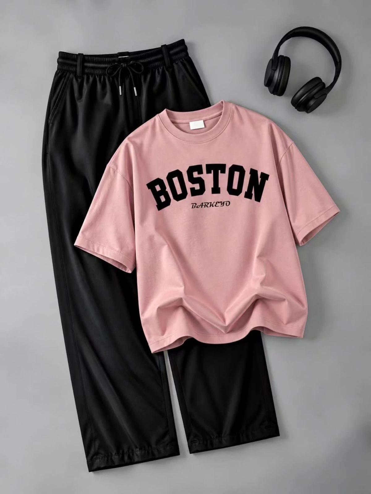 Cream and Maroon Raglan Graphic Tee with Black Drawstring Pants Set - Image 4