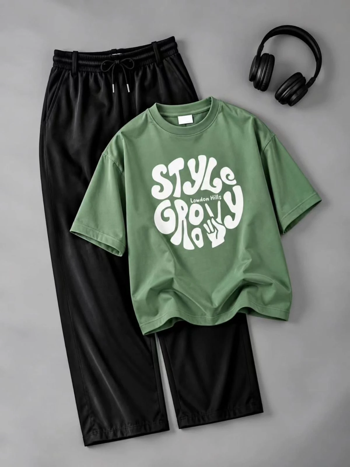 Cream and Maroon Raglan Graphic Tee with Black Drawstring Pants Set - Image 3