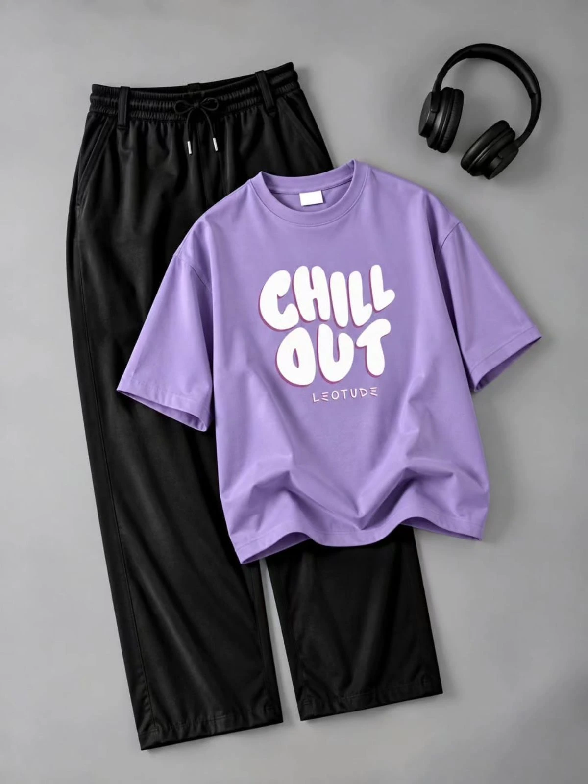 Cream and Maroon Raglan Graphic Tee with Black Drawstring Pants Set - Image 2
