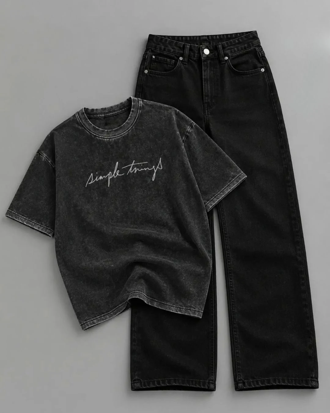 Off-White and Navy Colorblock Graphic Tee with Black Denim Trouser Set - Image 4